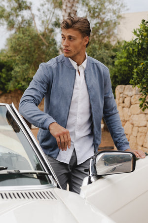 Suede Look Bomber Jacket in Slate Blue - TAILORED ATHLETE - USA