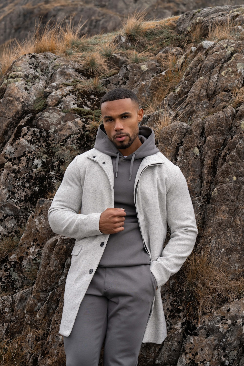 Funnel Neck Overcoat in Pale Grey - TAILORED ATHLETE - USA