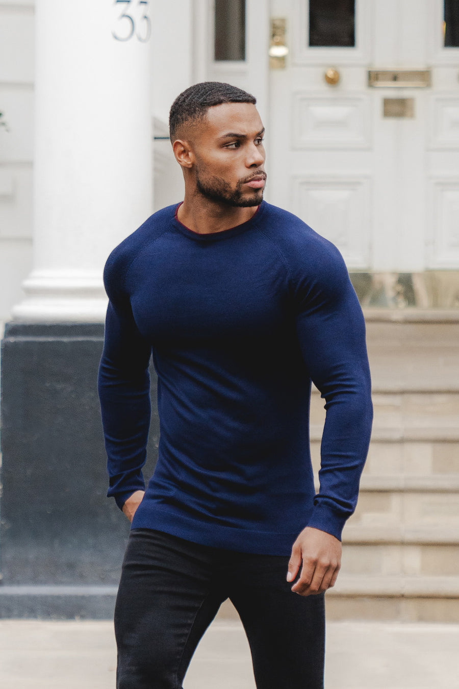 Tipped Crew Neck Long Sleeve in Navy - TAILORED ATHLETE - USA