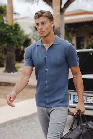 Crochet Knitted Shirt in Slate Blue - TAILORED ATHLETE - USA