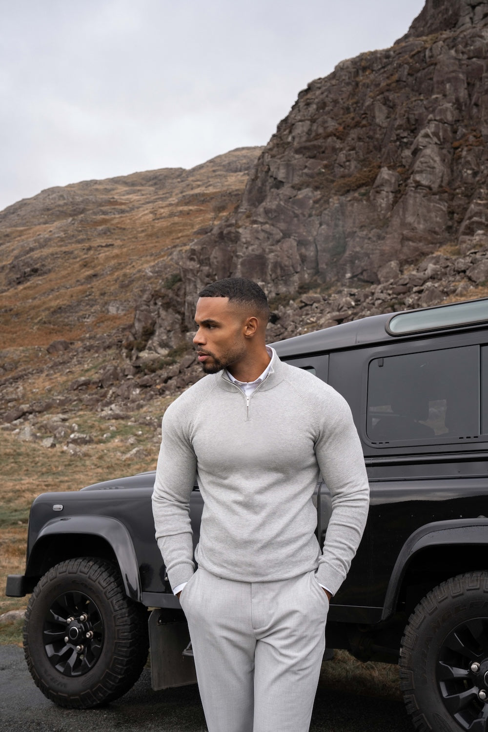 Pure Cotton Knitted Half Zip Neck Sweater in Silver Grey Marl - TAILORED ATHLETE - USA