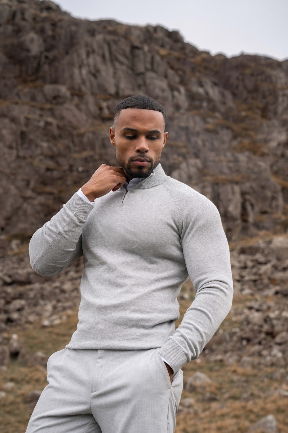 Pure Cotton Knitted Half Zip Neck Sweater in Silver Grey Marl - TAILORED ATHLETE - USA