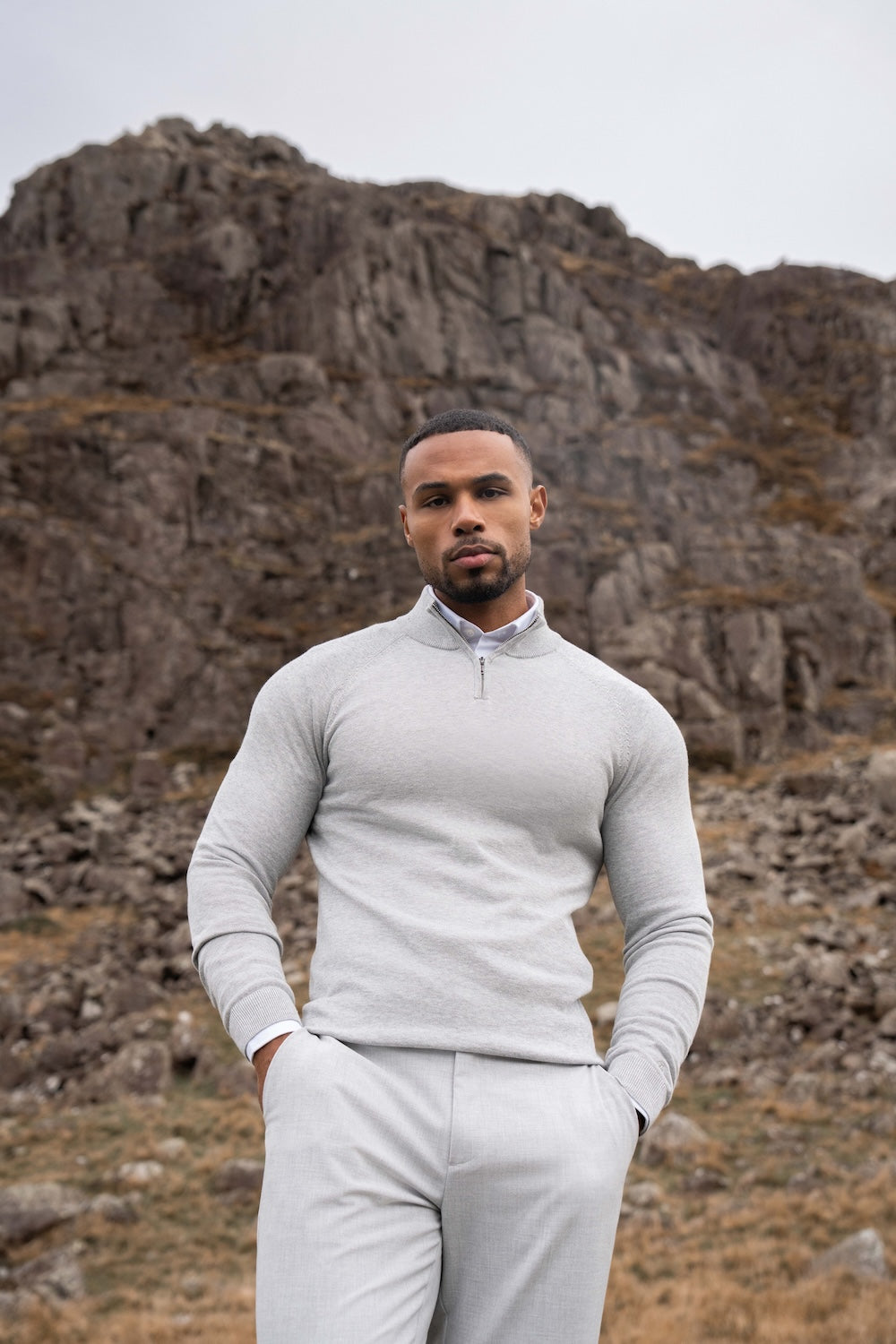 Pure Cotton Knitted Half Zip Neck Sweater in Silver Grey Marl - TAILORED ATHLETE - USA