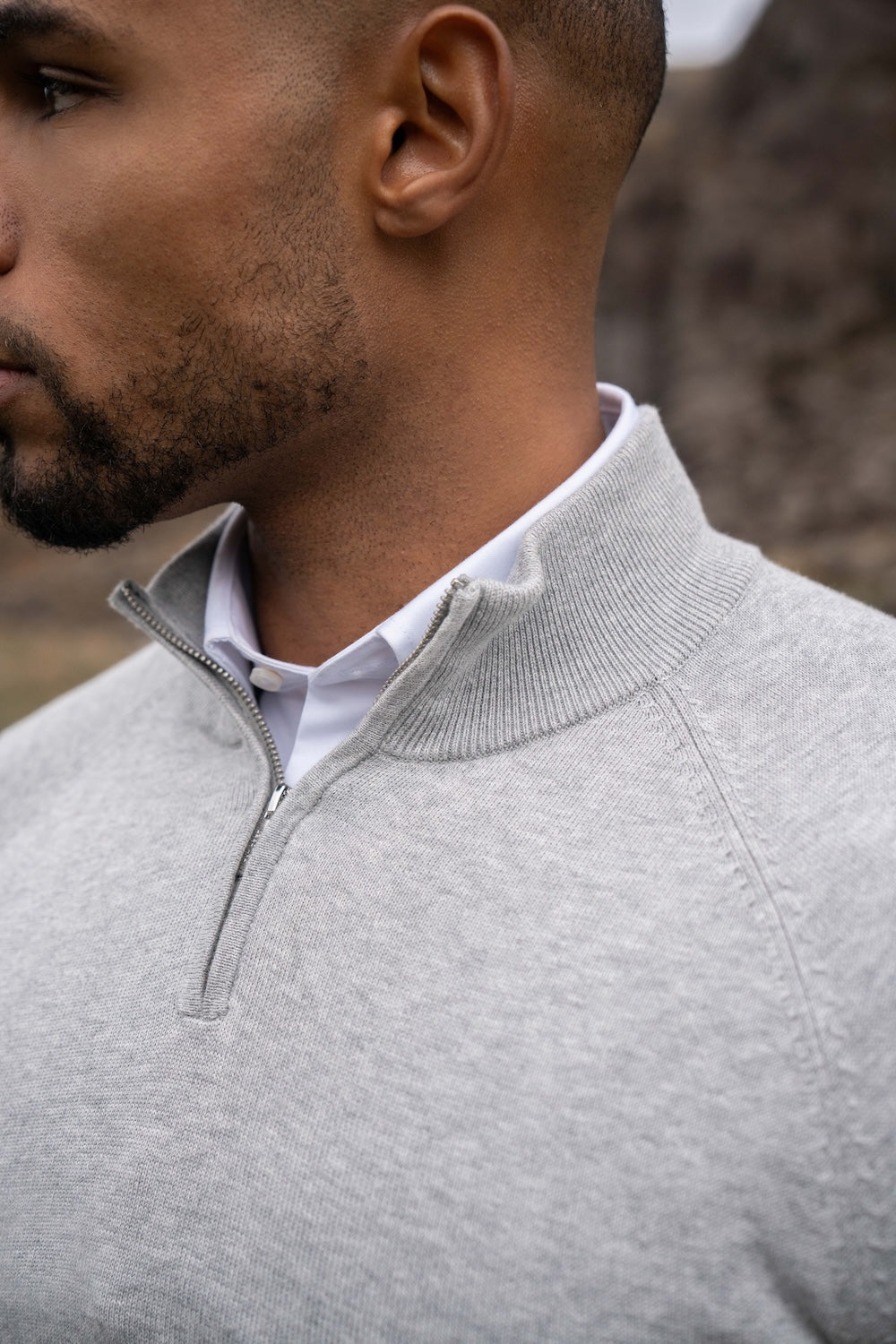 Pure Cotton Knitted Half Zip Neck Sweater in Silver Grey Marl - TAILORED ATHLETE - USA