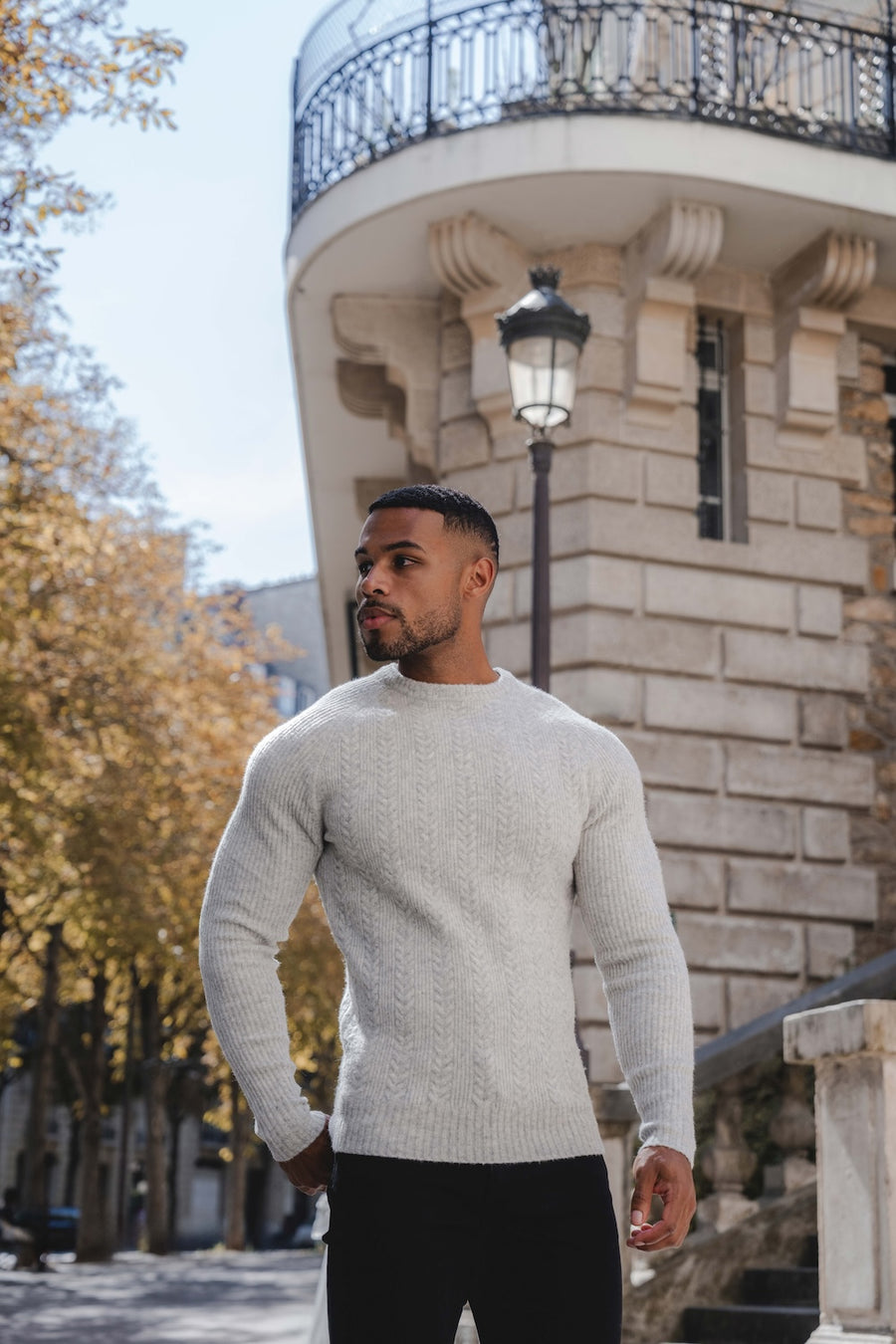 Soft Cable Crew Neck in Pale Grey Marl - TAILORED ATHLETE - USA