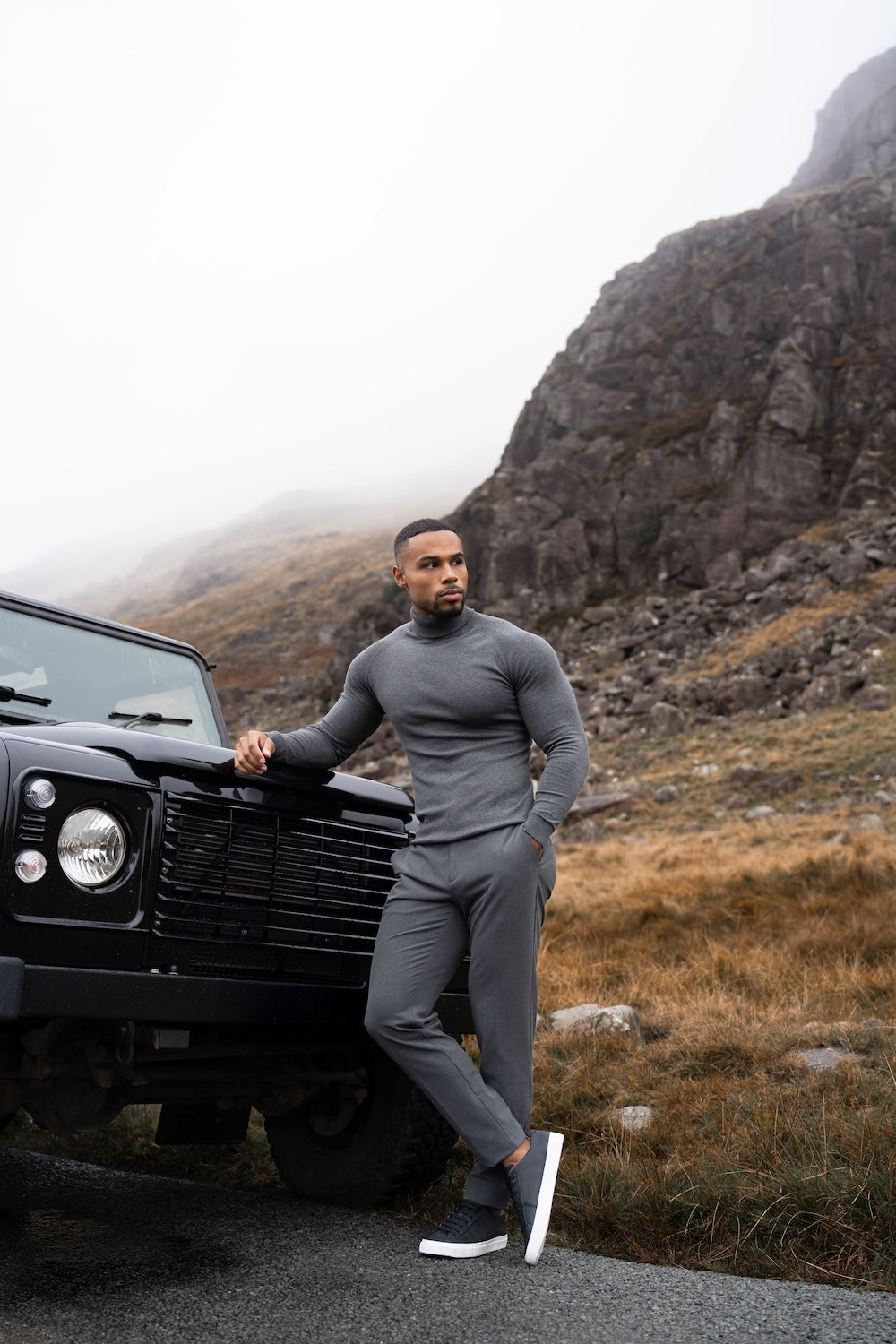 Cotton Blend Roll Neck Sweater in Charcoal - TAILORED ATHLETE - USA