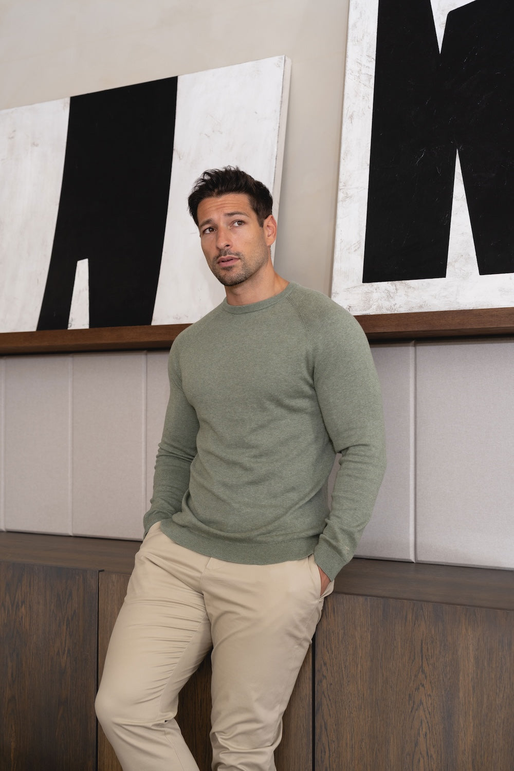 Pure Cotton Knitted Crew Neck Sweater in Sage Marl - TAILORED ATHLETE - USA