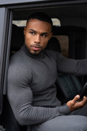 Cotton Blend Roll Neck Sweater in Charcoal - TAILORED ATHLETE - USA