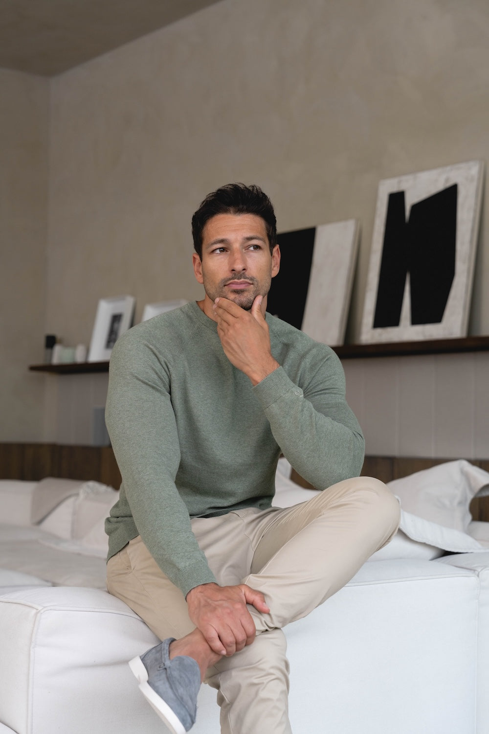 Pure Cotton Knitted Crew Neck Sweater in Sage Marl - TAILORED ATHLETE - USA