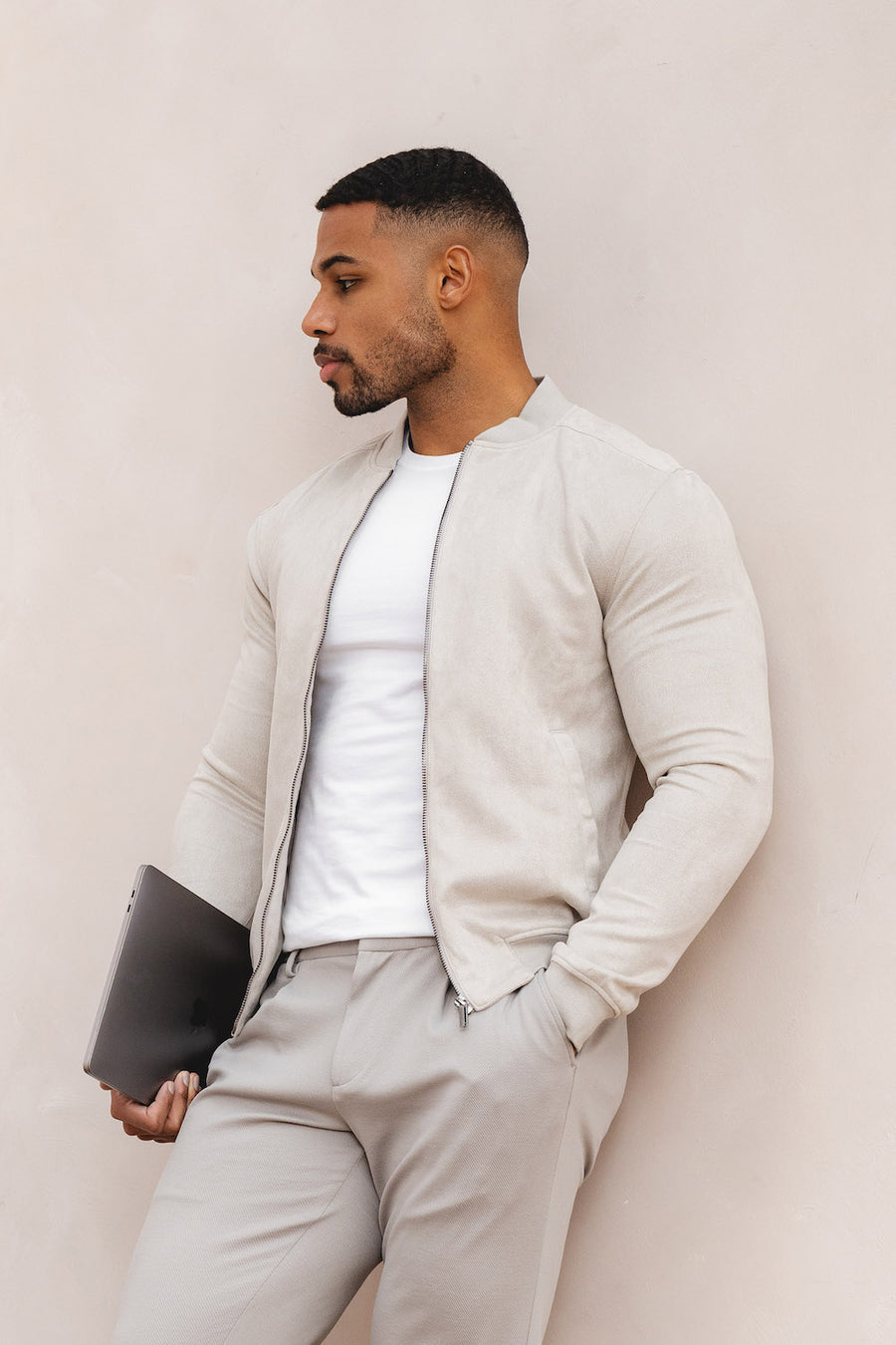 Suede Look Bomber Jacket in Stone - TAILORED ATHLETE - USA