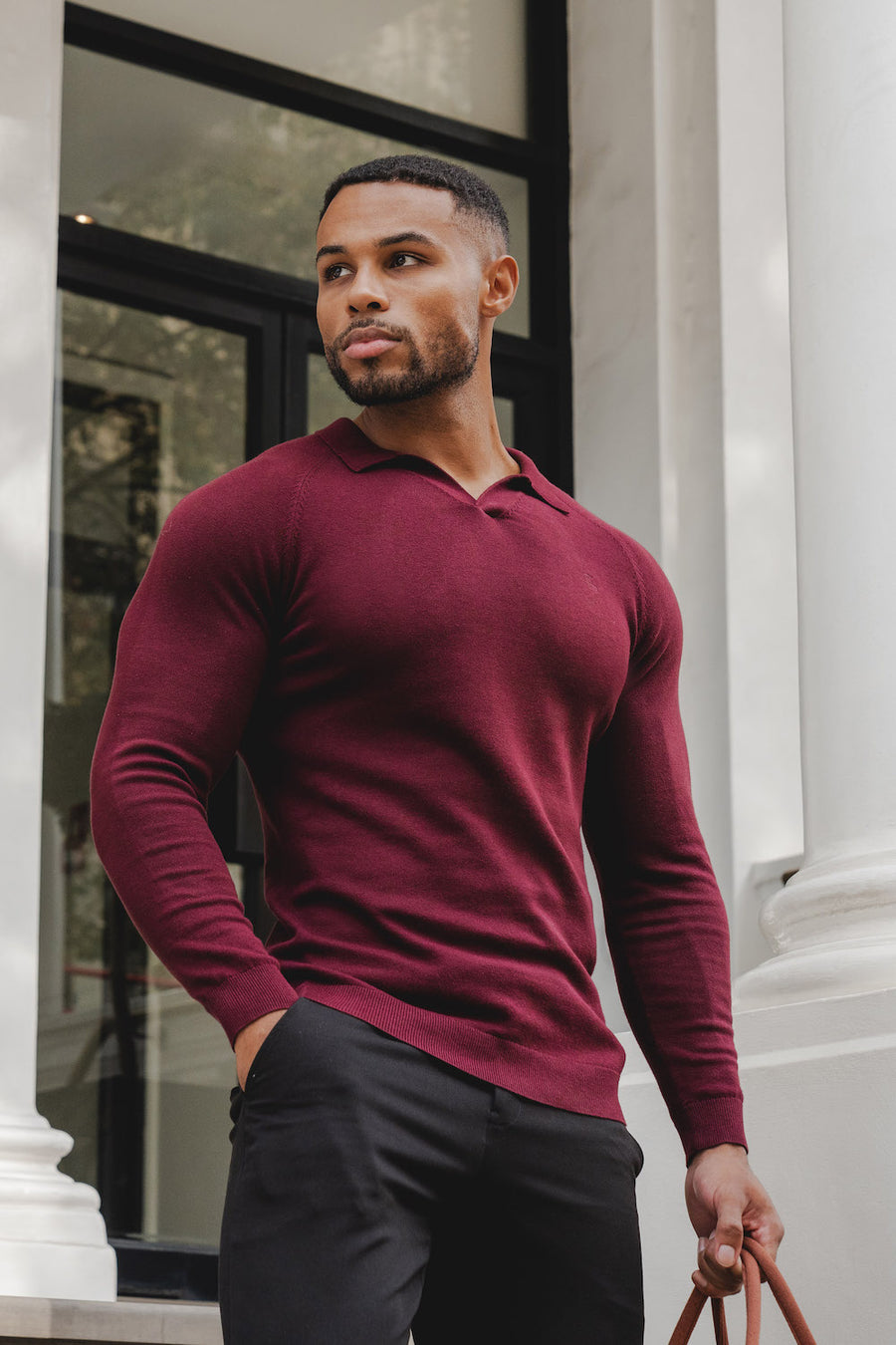Buttonless Open Collar Polo Shirt in Claret - TAILORED ATHLETE - USA