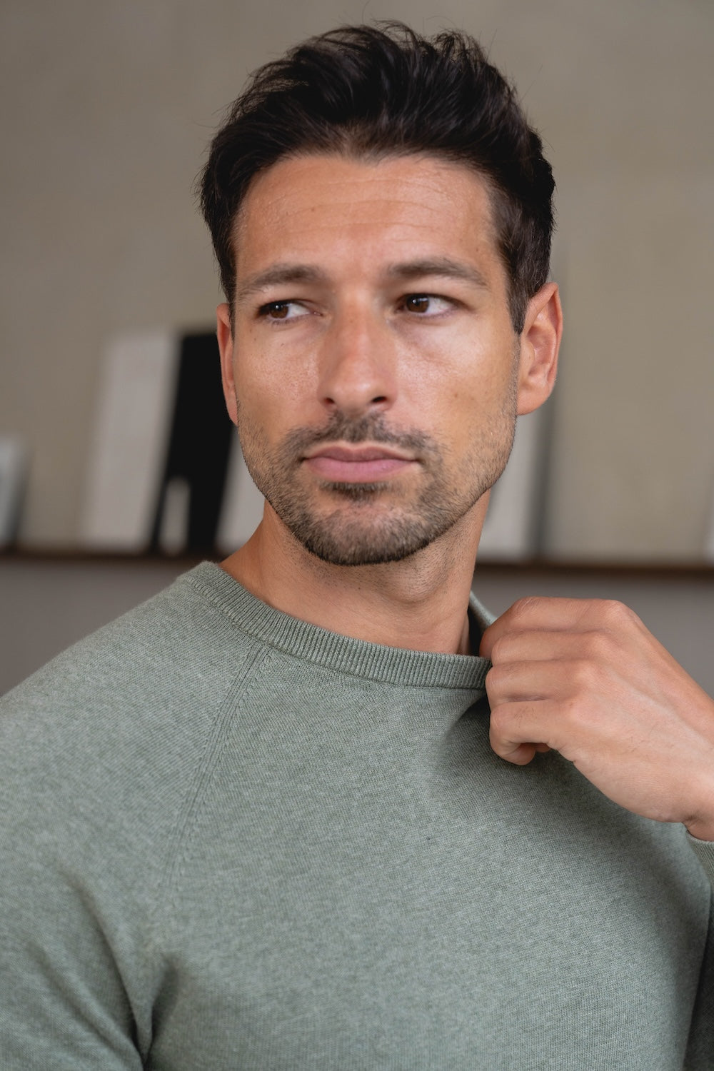 Pure Cotton Knitted Crew Neck Sweater in Sage Marl - TAILORED ATHLETE - USA