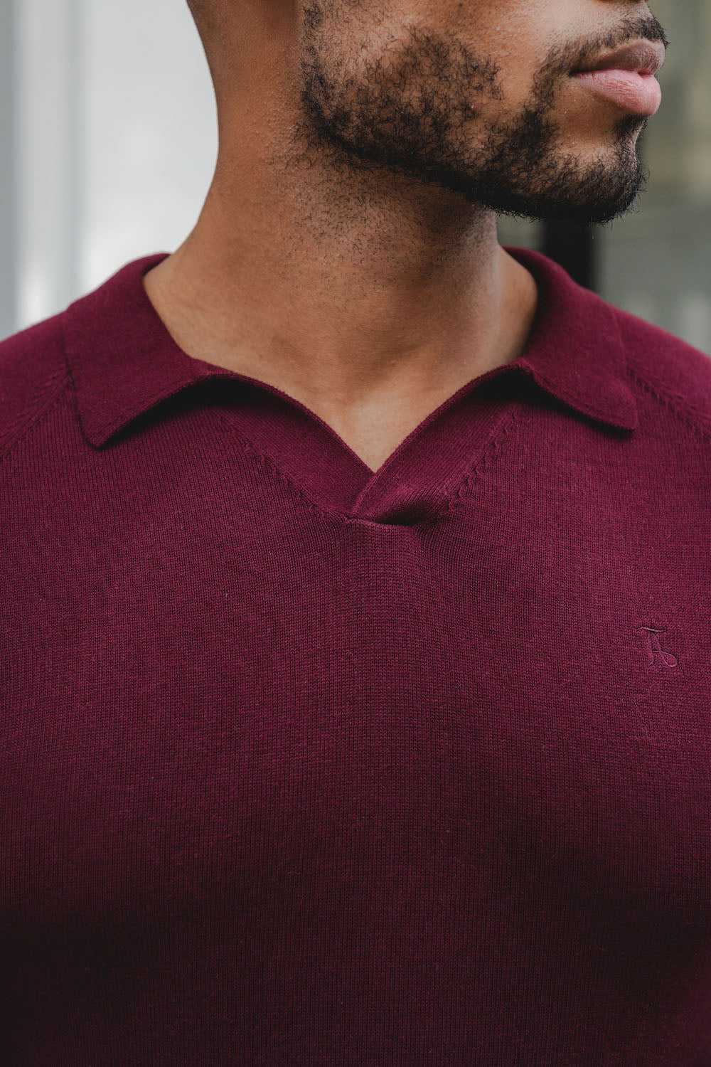 Buttonless Open Collar Polo Shirt (LS) in Claret - TAILORED