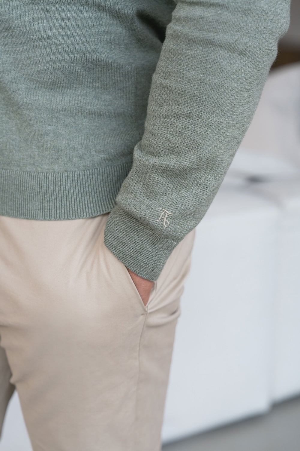 Pure Cotton Knitted Crew Neck Sweater in Sage Marl - TAILORED ATHLETE - USA