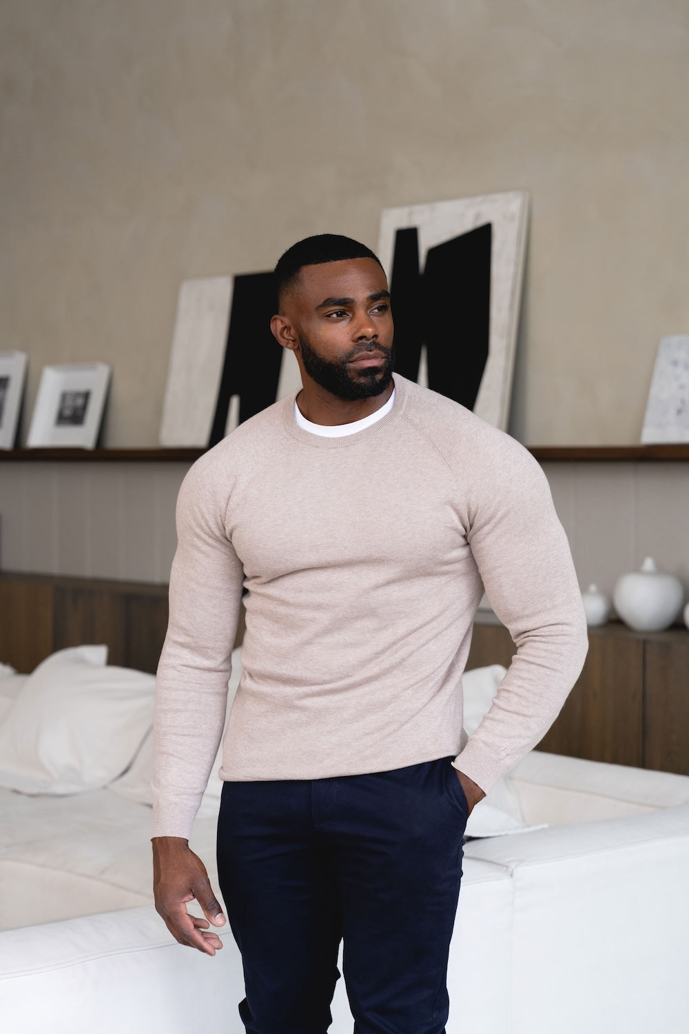 Pure Cotton Knitted Crew Neck Sweater in Neutral Marl - TAILORED ATHLETE - USA