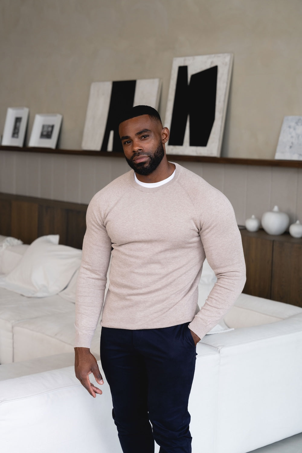 Pure Cotton Knitted Crew Neck Sweater in Neutral Marl - TAILORED ATHLETE - USA
