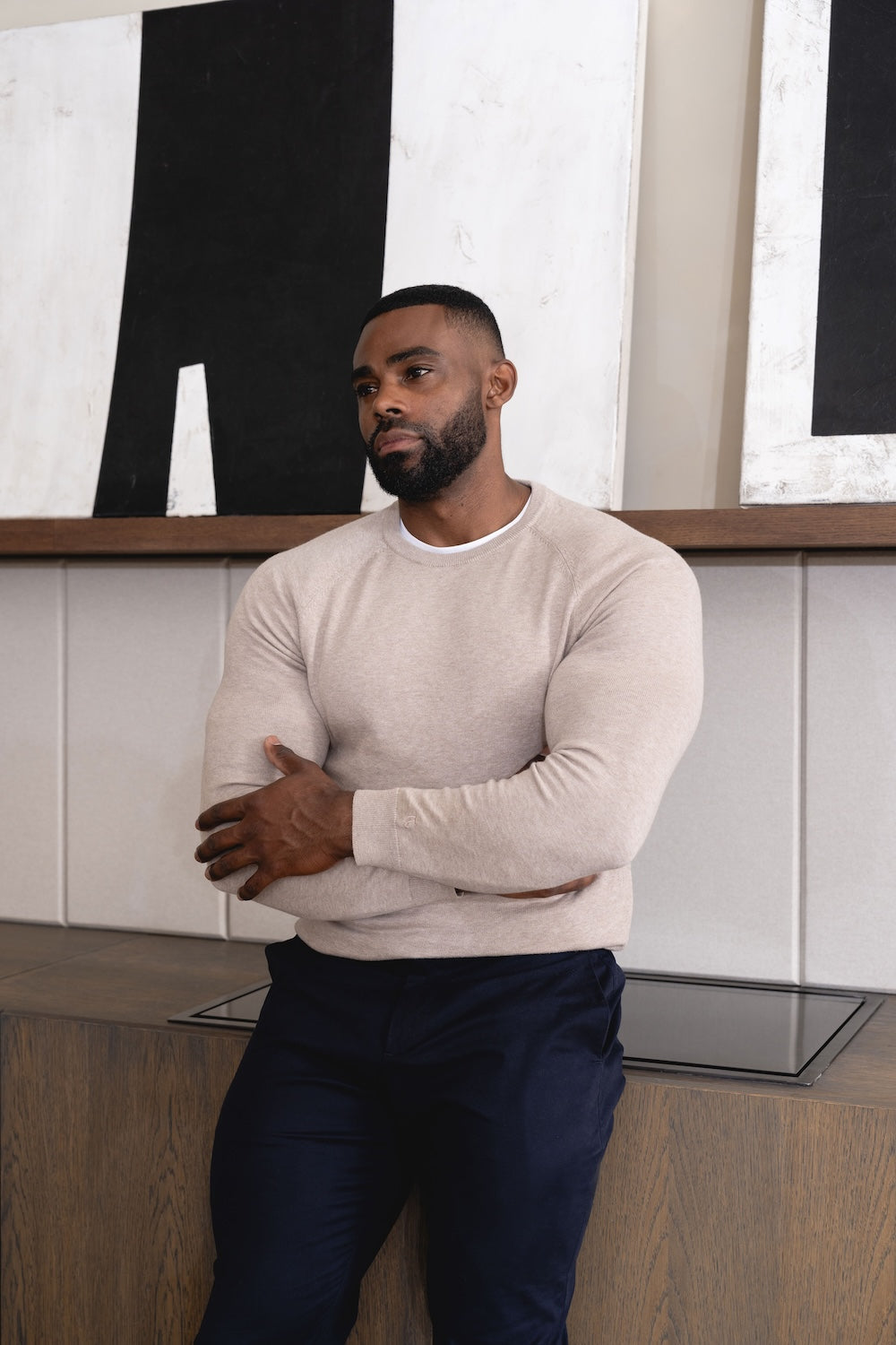 Pure Cotton Knitted Crew Neck Sweater in Neutral Marl - TAILORED ATHLETE - USA