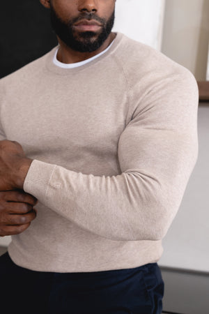 Pure Cotton Knitted Crew Neck Sweater in Neutral Marl - TAILORED ATHLETE - USA