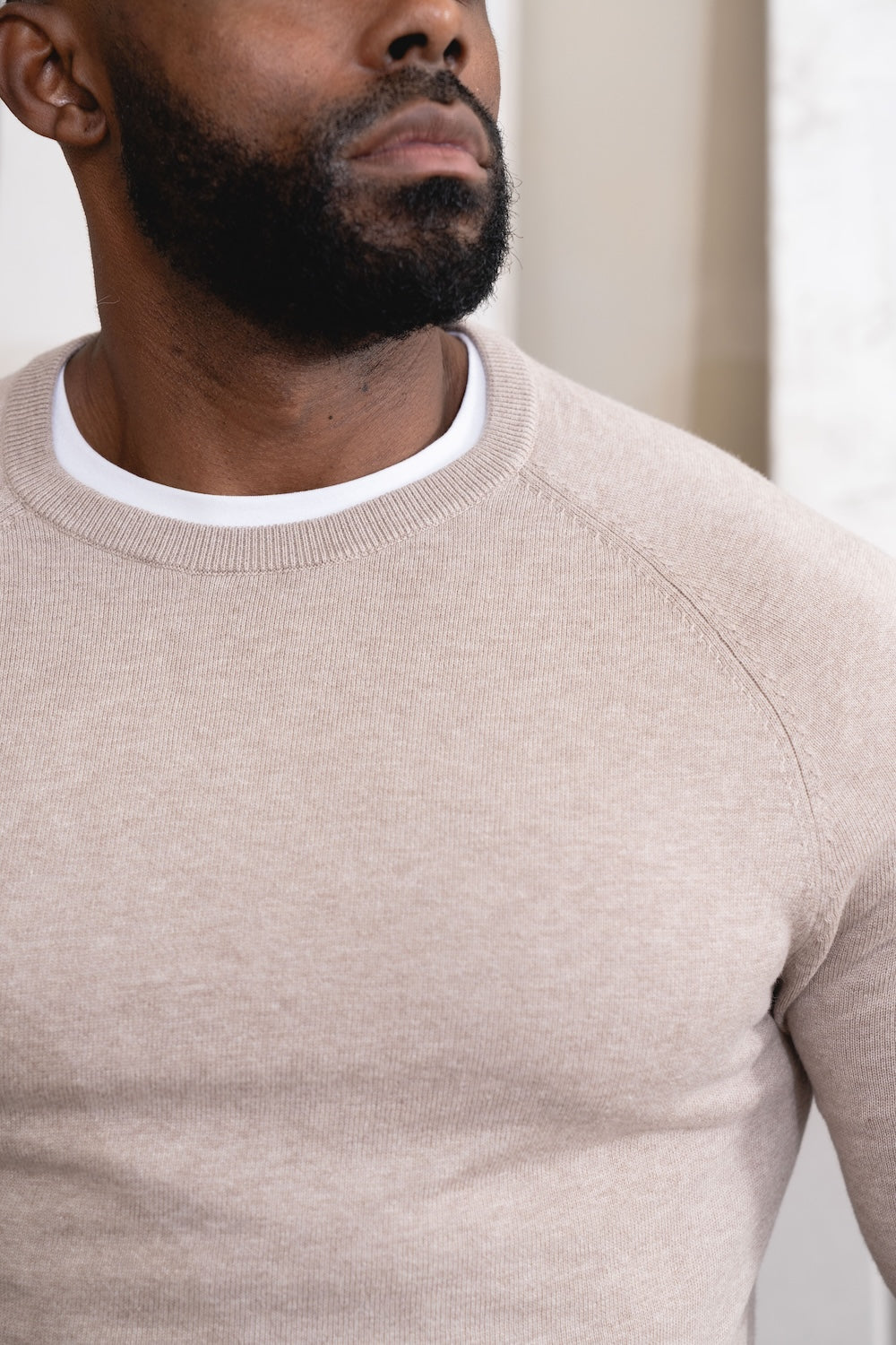 Pure Cotton Knitted Crew Neck Sweater in Neutral Marl - TAILORED ATHLETE - USA