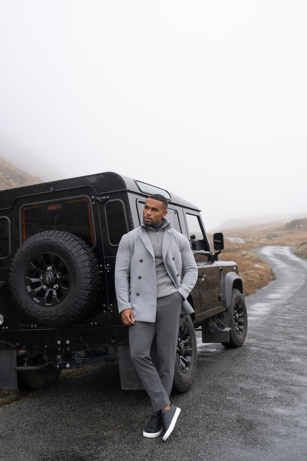 Double Breasted Herringbone Peacoat in Soft Grey - TAILORED ATHLETE - USA