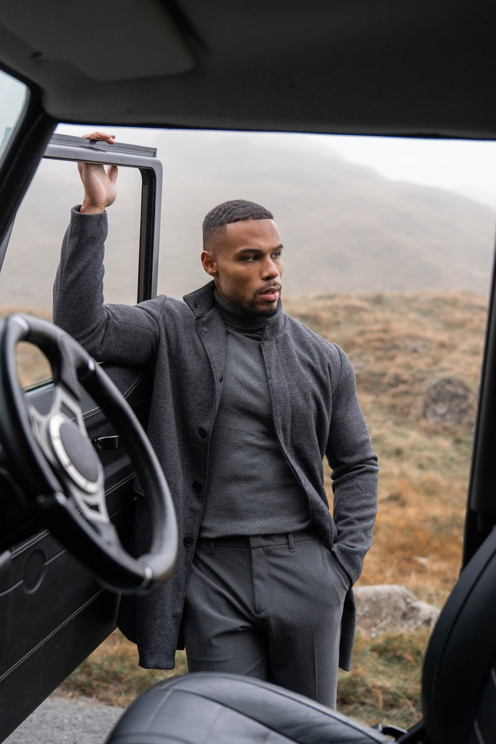 Herringbone Funnel Neck Overcoat in Charcoal - TAILORED ATHLETE - USA