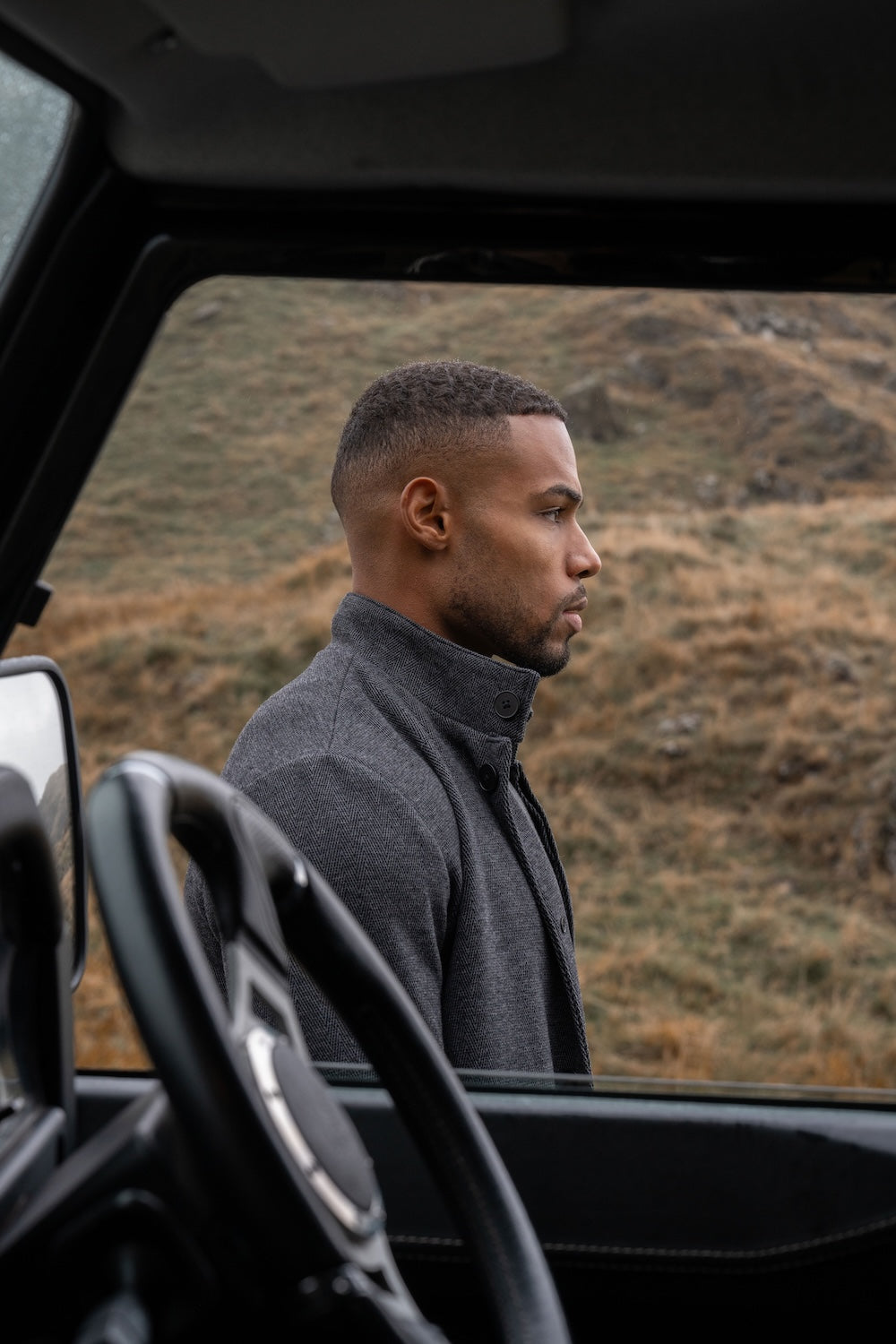 Herringbone Funnel Neck Overcoat in Charcoal - TAILORED ATHLETE - USA