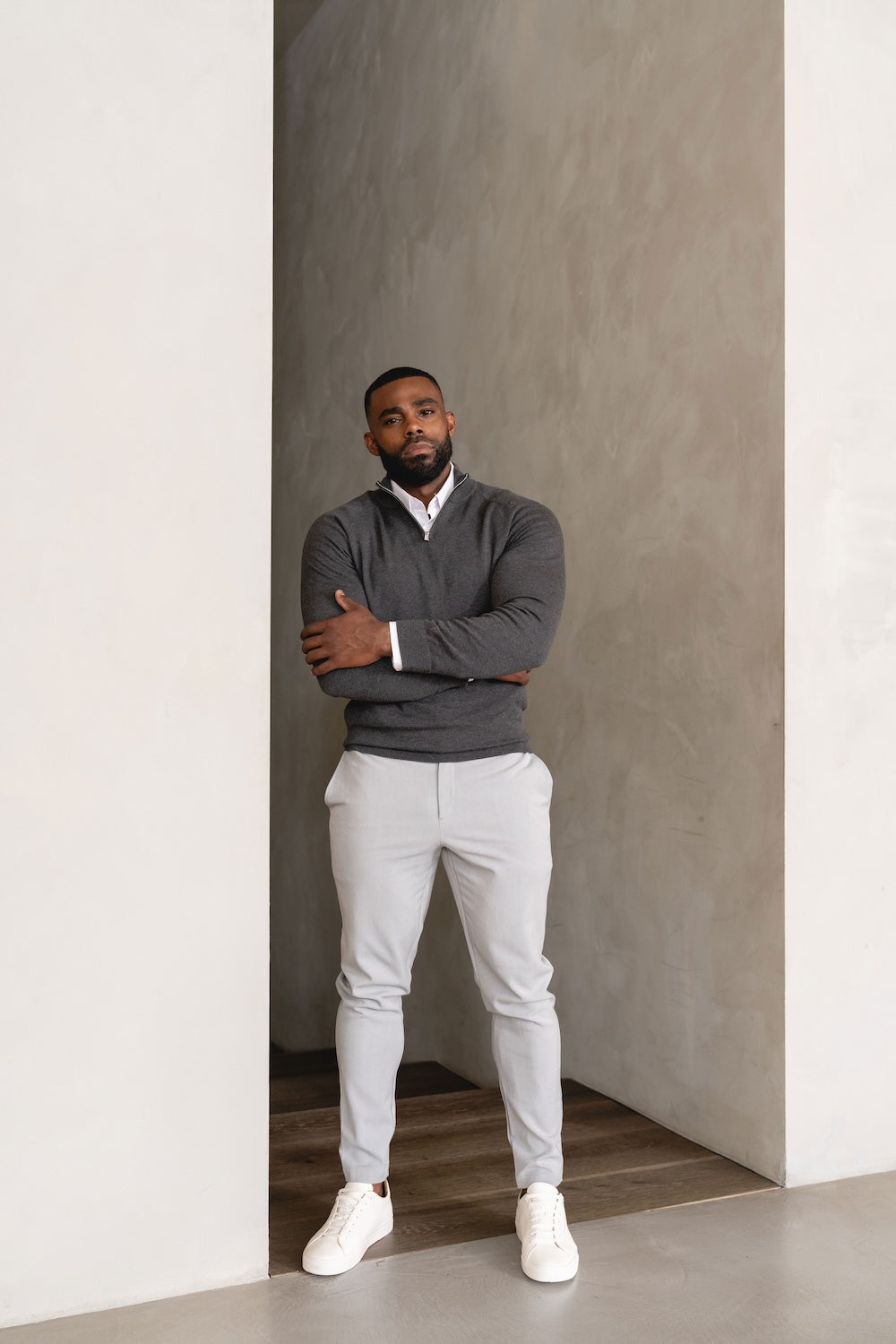 Pure Cotton Knitted Half Zip Neck Sweater in Dark Charcoal Marl - TAILORED ATHLETE - USA