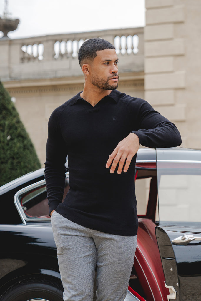 Buttonless Open Collar Polo (LS) in Black - TAILORED ATHLETE
