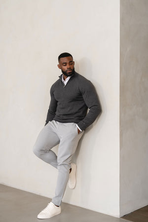Pure Cotton Knitted Half Zip Neck Sweater in Dark Charcoal Marl - TAILORED ATHLETE - USA