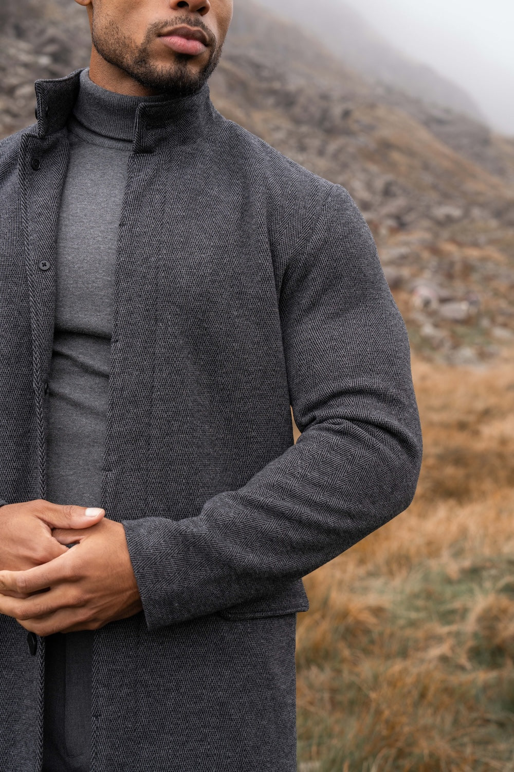 Herringbone Funnel Neck Overcoat in Charcoal - TAILORED ATHLETE - USA