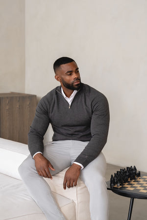 Pure Cotton Knitted Half Zip Neck Sweater in Dark Charcoal Marl - TAILORED ATHLETE - USA