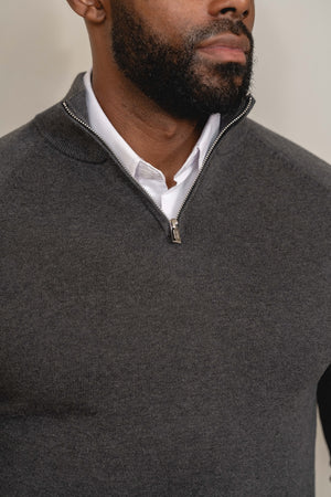 Pure Cotton Knitted Half Zip Neck Sweater in Dark Charcoal Marl - TAILORED ATHLETE - USA