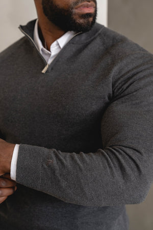 Pure Cotton Knitted Half Zip Neck Sweater in Dark Charcoal Marl - TAILORED ATHLETE - USA