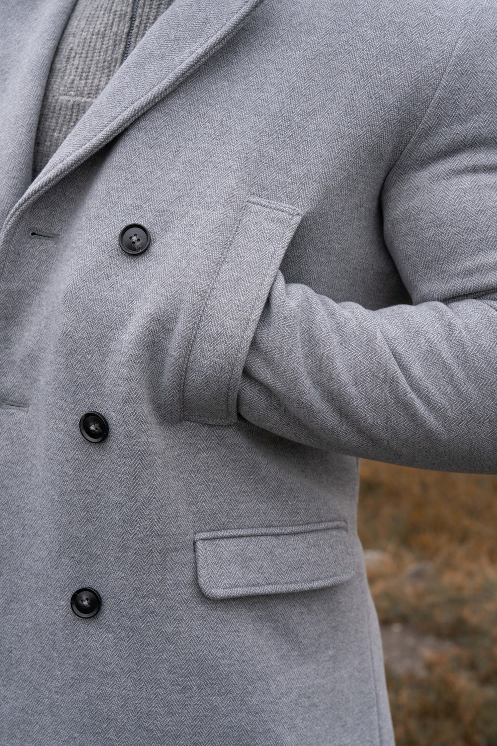 Double Breasted Herringbone Peacoat in Soft Grey - TAILORED ATHLETE - USA