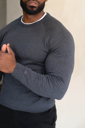Pure Cotton Knitted Crew Neck Sweater in Dark Charcoal Marl - TAILORED ATHLETE - USA