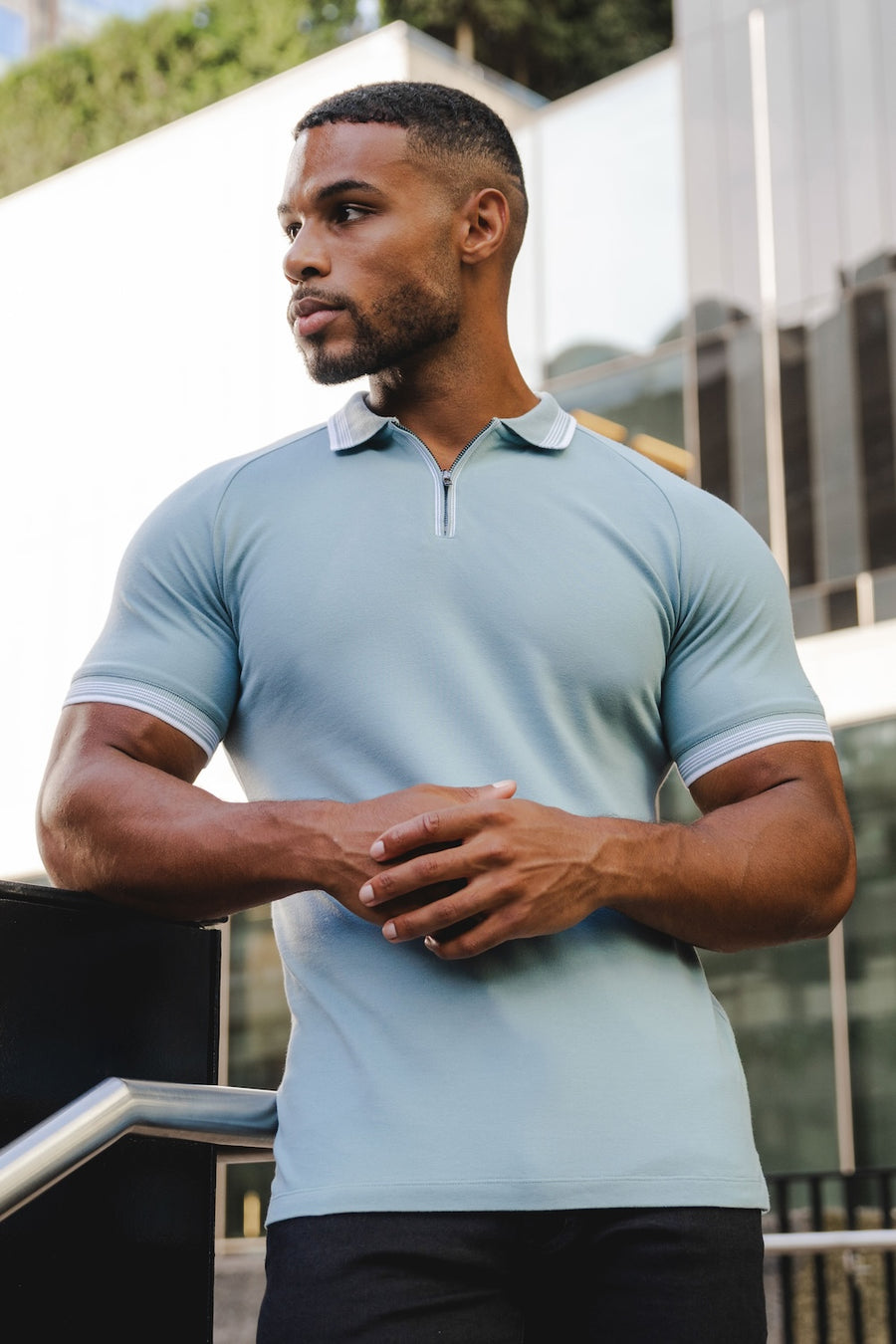 Stripe Tipped Zip Neck Polo Shirt in Aqua - TAILORED ATHLETE - USA