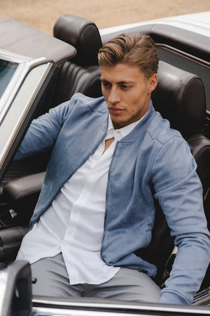 Suede Look Bomber Jacket in Slate Blue - TAILORED ATHLETE - USA