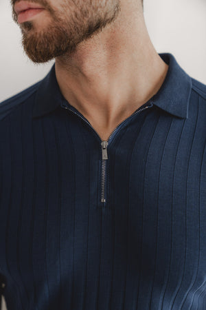 Ribbed Zip Neck Polo in Navy - TAILORED ATHLETE - USA