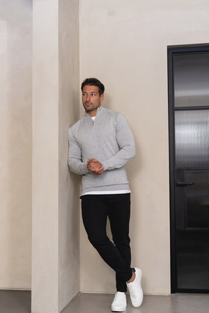 Pure Cotton Knitted Half Zip Neck Sweater in Silver Grey Marl - TAILORED ATHLETE - USA