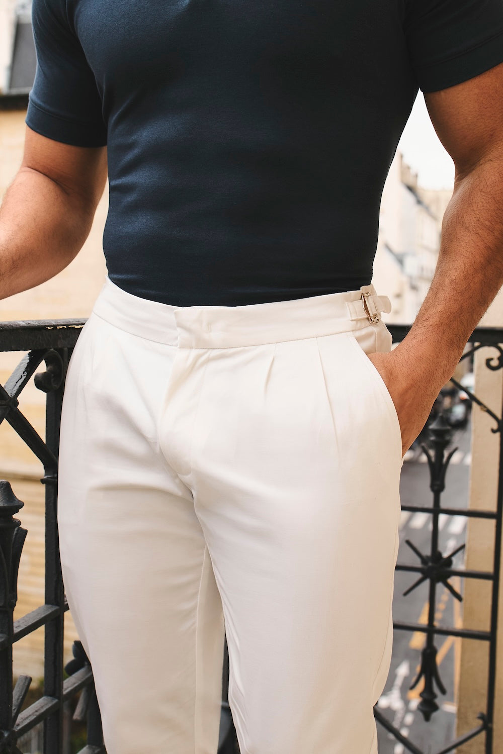 Smart Pleated Cotton Side Adjust Pants in White - TAILORED ATHLETE - USA