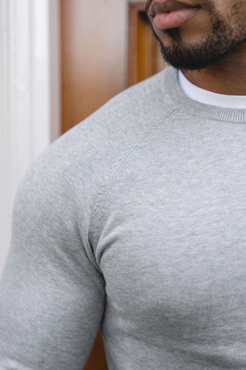 Pure Cotton Knitted Crew Neck Sweater in Silver Grey Marl - TAILORED ATHLETE - USA