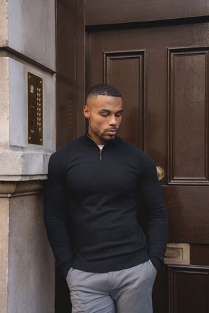 Pure Cotton Knitted Half Zip Neck Sweater in Black - TAILORED ATHLETE - USA