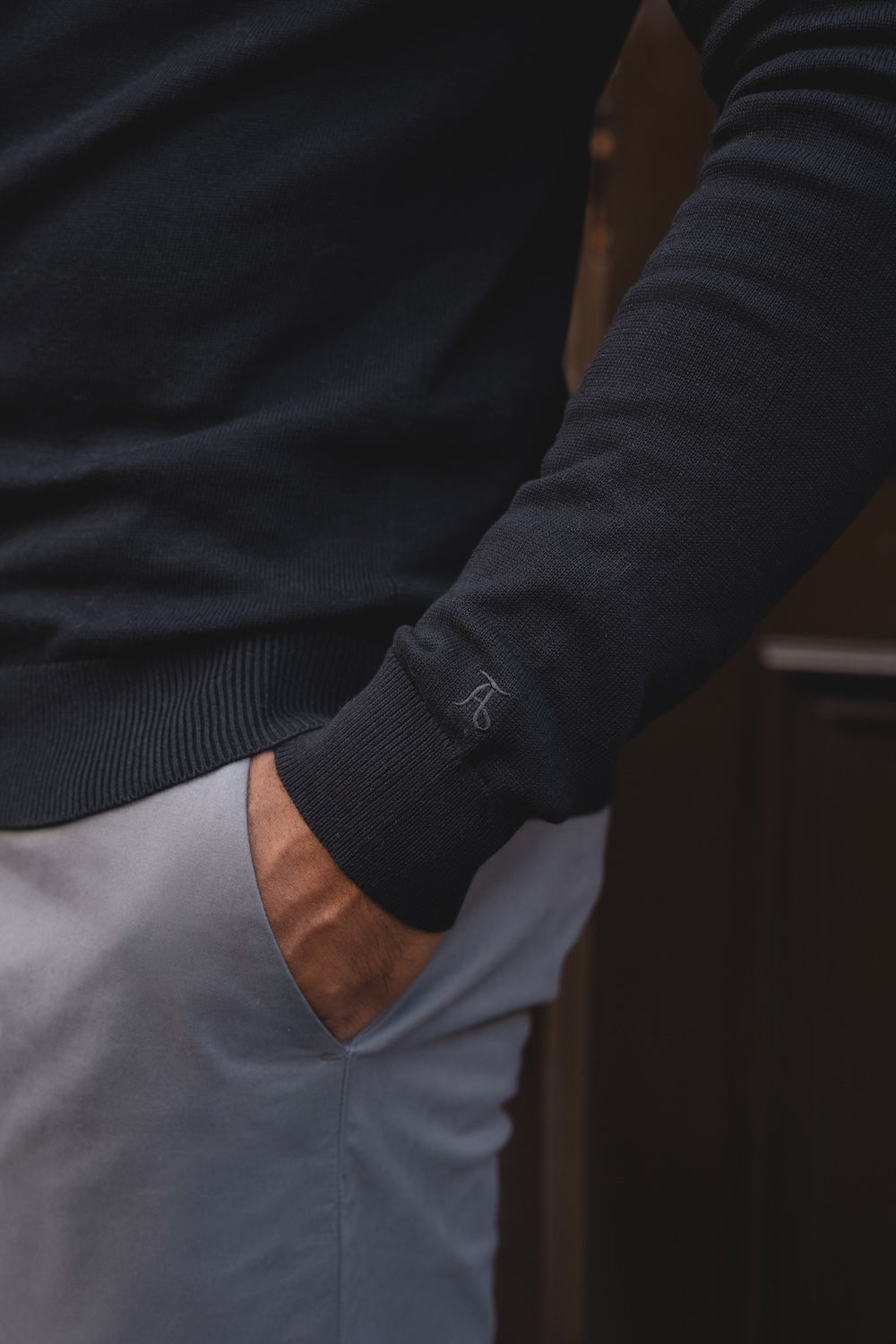 Pure Cotton Knitted Half Zip Neck Sweater in Black - TAILORED ATHLETE - USA