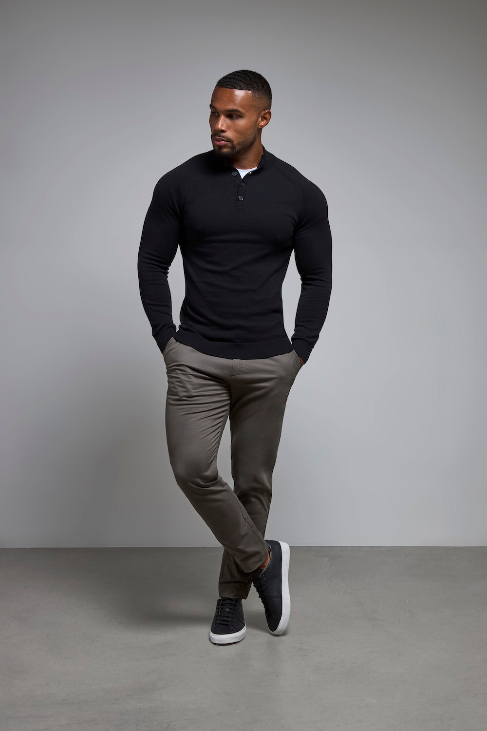 Pure Cotton Knitted Button Neck Sweater in Black - TAILORED ATHLETE - USA