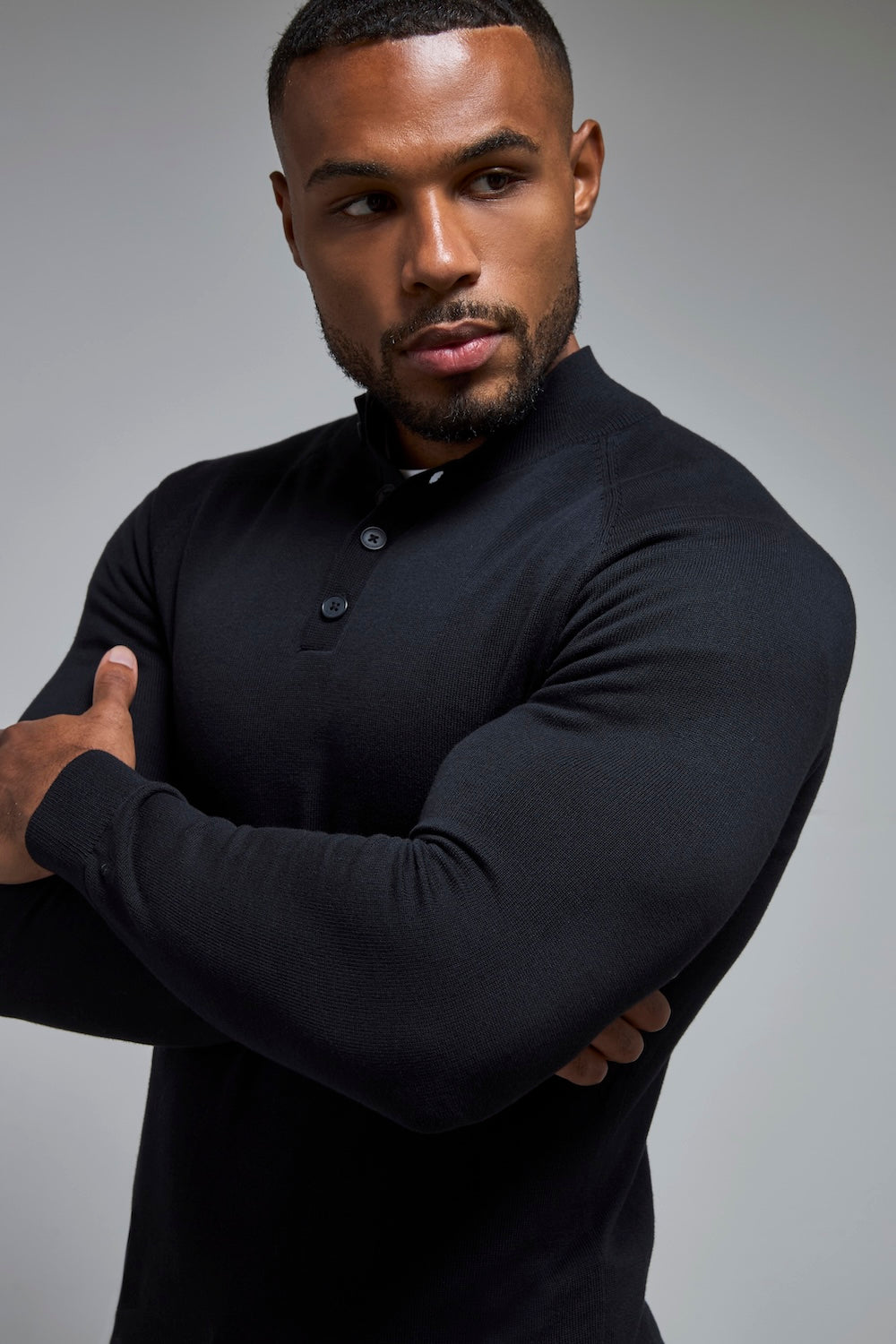 Pure Cotton Knitted Button Neck Sweater in Black - TAILORED ATHLETE - USA