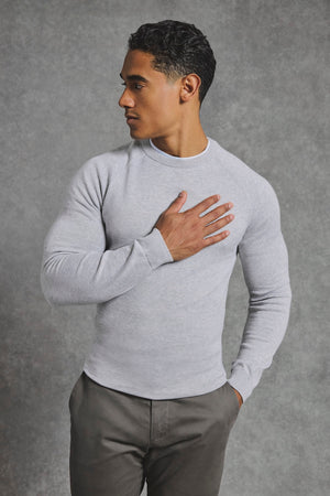 Pure Cotton Knitted Crew Neck Sweater in Silver Grey Marl - TAILORED ATHLETE - USA