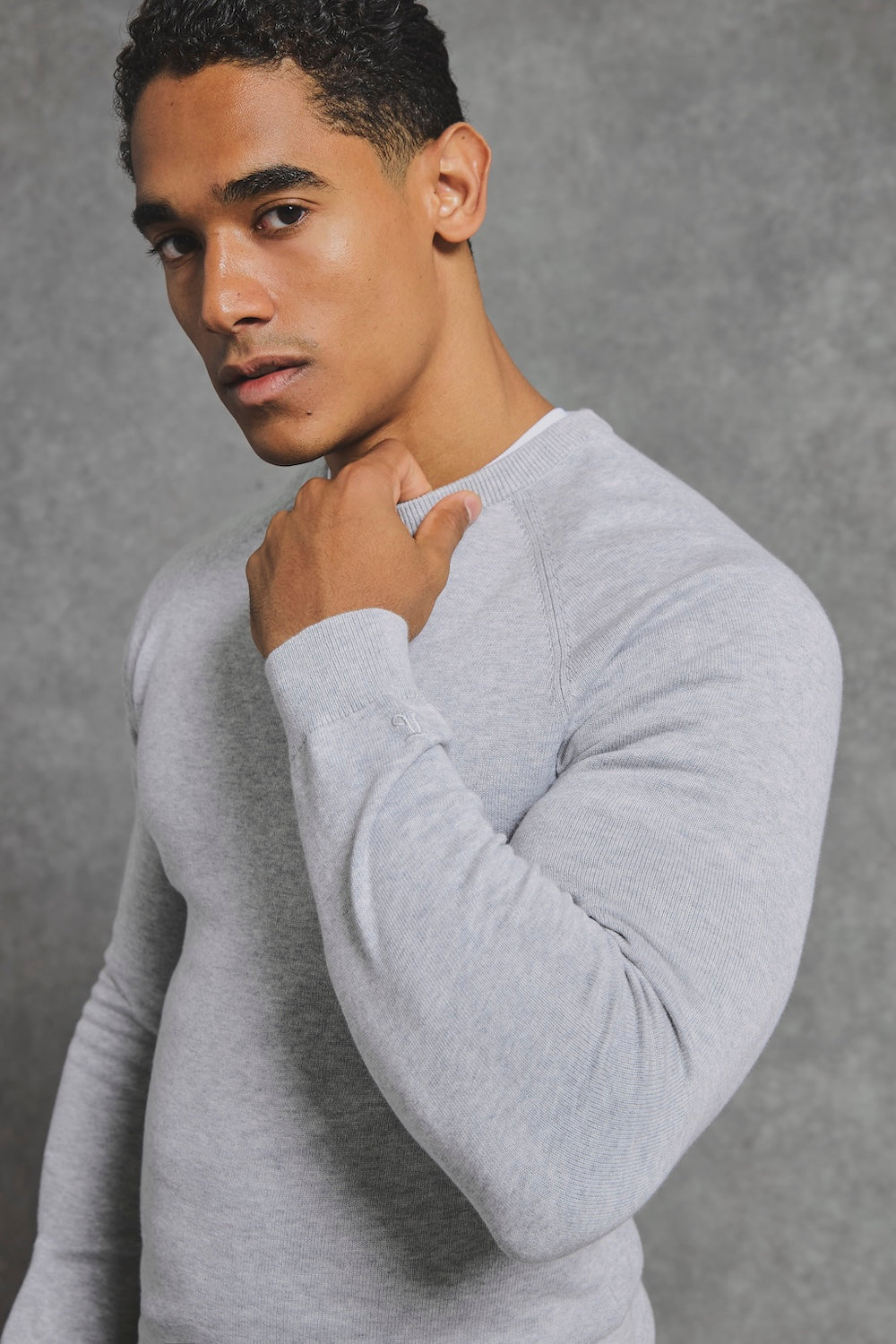Pure Cotton Knitted Crew Neck Sweater in Silver Grey Marl - TAILORED ATHLETE - USA
