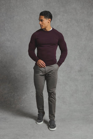 Pure Cotton Knitted Crew Neck Sweater in Dark Bordeaux - TAILORED ATHLETE - USA