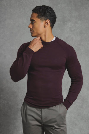 Pure Cotton Knitted Crew Neck Sweater in Dark Bordeaux - TAILORED ATHLETE - USA