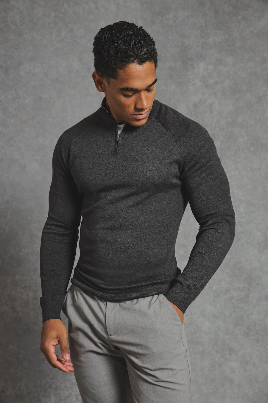 Pure Cotton Knitted Half Zip Neck Sweater in Brown Marl - TAILORED ATHLETE - USA